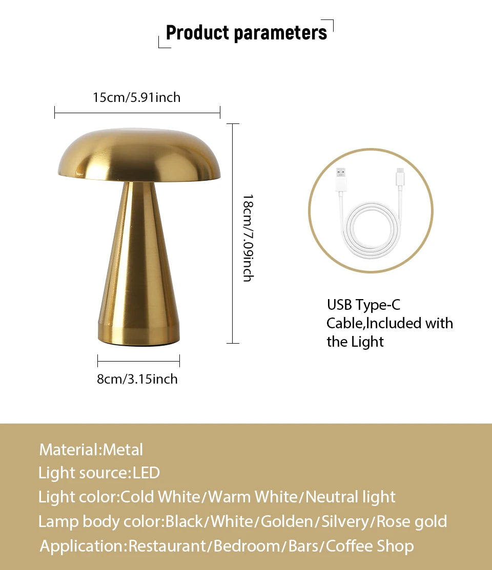 Retro table lamp Mushroom LED Night Light Rechargeable desk lamp Touch Sensor Reading Lights  for bedroom  Restaurant Bar Decor