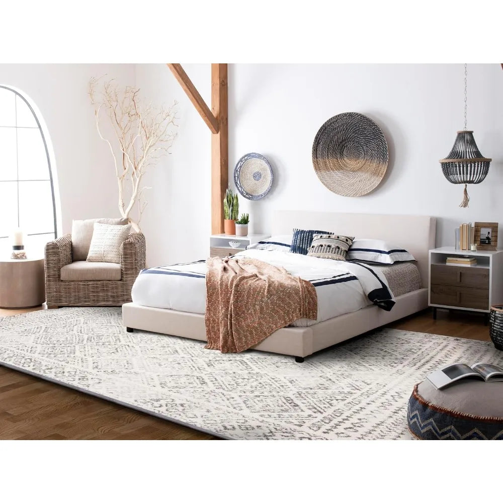 Moroccan-Style Bohemian Distressed Area Rug 8x10 - Large Size, Ivory and Grey Tones, Easy to Clean and Non-Shedding