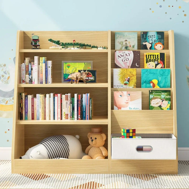 4 Tier Kids Wooden Bookshelf with Drawer, Five Layer Sling Children Bookcase, Baby Storage Book Rack, Book and Toy Orga