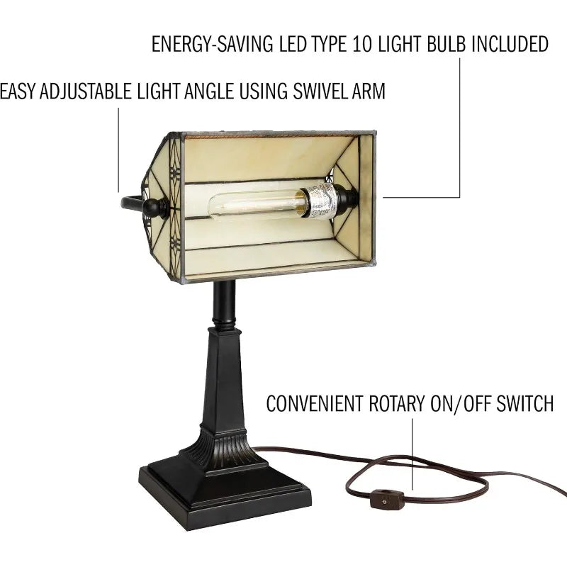 Tiffany-Style Bankers Lamp - Vintage-Looking Mission-Style Table or Desk LED Light with Stained Glass Shade (Dark Br