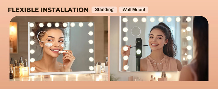32"x24" Hollywood Vanity Mirror with Lights, 18 Dimmable LED Bulbs, 3 Color Modes, Tabletop or Wall-Mounted, USB Charging Port