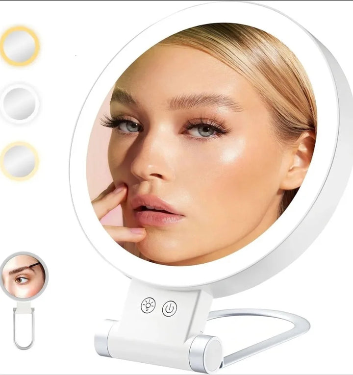 3 Colors LED Vanity Mirror with Touch Screen 5/10x USB Rechargeable Dimming Makeup Mirror 3 Brightness Portable