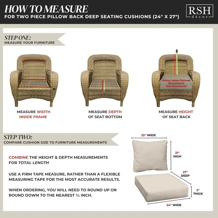 Deep Seating Cushion with Pillow Back  24” x 27” Seat  All-Weather Spun Fabric  Water and Fade-Resistant  Outdoor Chair