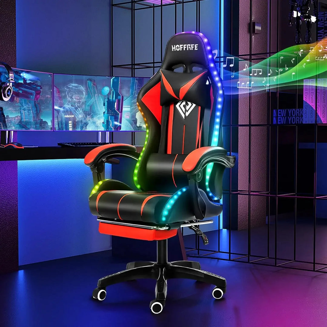 RGB Gaming Chair with Speakers Massage Computer Gaming Chair with LED Lights and Footrest High Back Video Game Chair