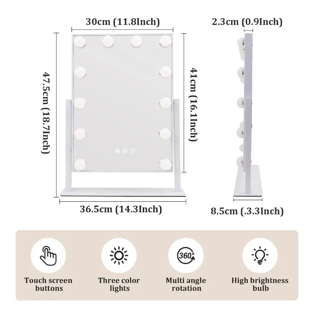 Tabletop Vanity Mirror with 12 LED Bulbs with 3 Color Lighting Modes, Bedroom, Bathroom Vanity Mirror, Touch Controls