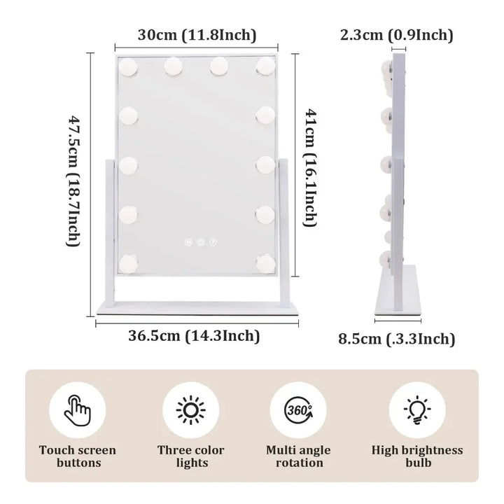 Tabletop Vanity Mirror with 12 LED Bulbs with 3 Color Lighting Modes, Bedroom, Bathroom Vanity Mirror, Touch Controls