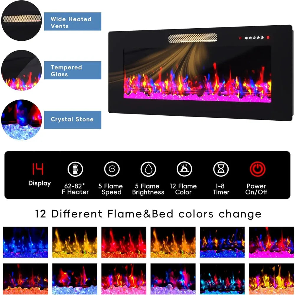 70" Fireplace TV Stand for TVs Up to 75", High Gloss Entertainment Center with 36" Electric Fireplace Heater, 7 Color LED Strip