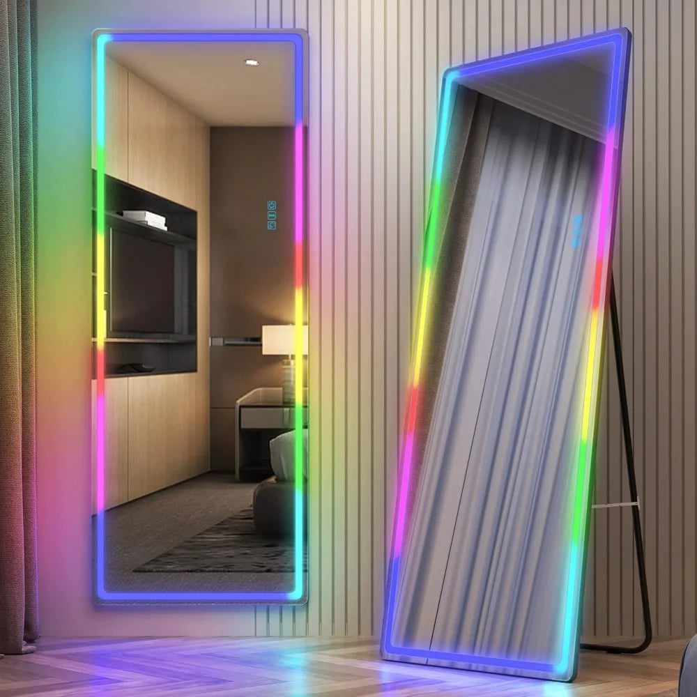 RGB LED Mirror, Full Length Mirror with Lights, 63 X 22 Floor Standing Mirror, Wall Mount Full Body Lighted Mirror, Stand