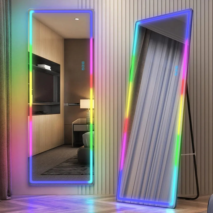 RGB LED Mirror, Full Length Mirror with Lights, 63 X 22 Floor Standing Mirror, Wall Mount Full Body Lighted Mirror, Stand