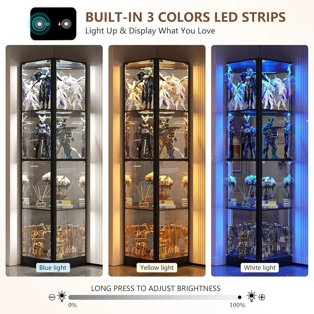Illuminated Glass Door Display Cabinet, 68 Corner Curio Cabinet with 4-Tier Glass Shelves for Collectibles, Toys, and Books
