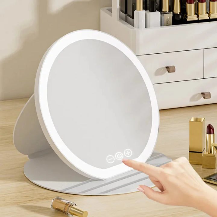 3 Colors Dimmable LED Makeup Mirror With Touch Screen Fold Cosmetic Makeup Mirror Rechargeable Tabletop For Travel & Home Use