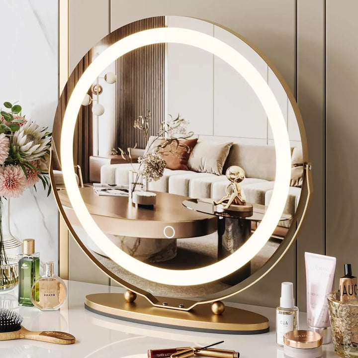 19 Inch Large Round Vanity Mirror with Lights LED Makeup Mirror Touch Control 3 Colors Lighting Dimmable for Bedroom Tabletop