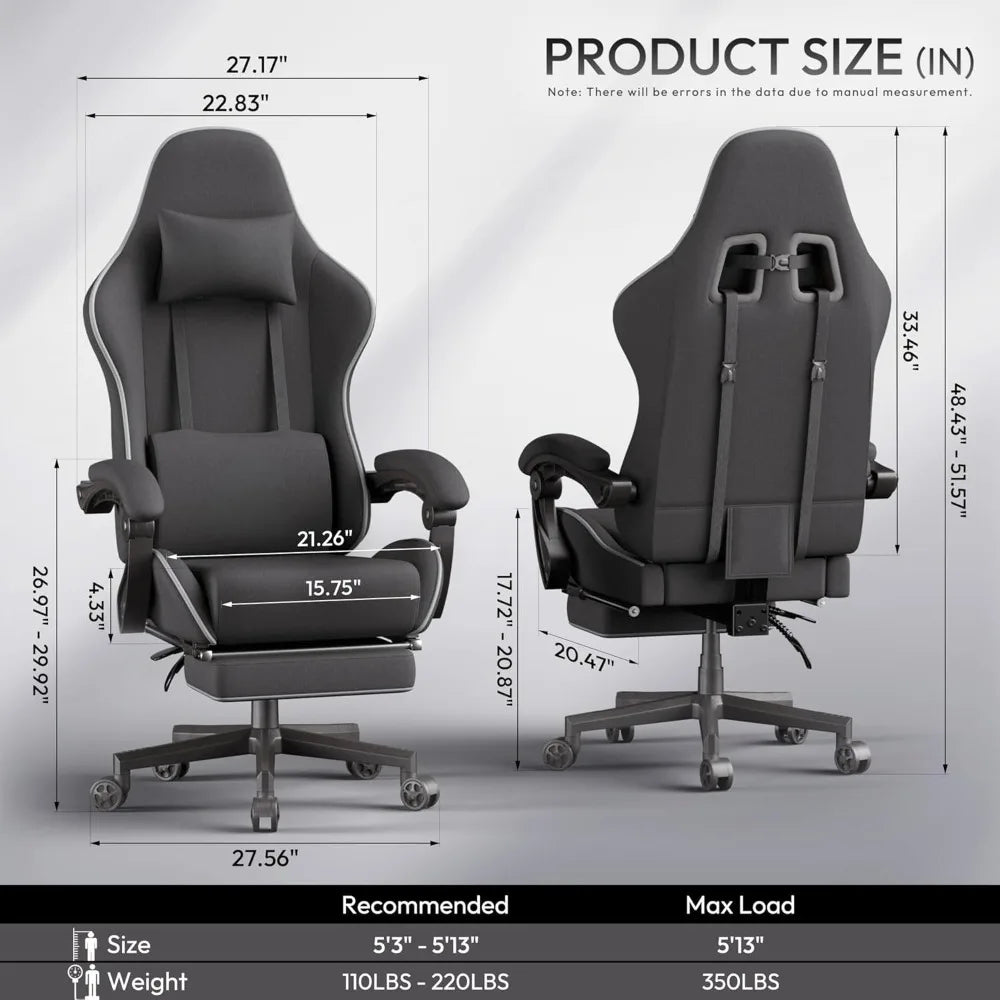 Gaming Chair Fabric Big and Tall with Pocket Spring Cushion, Massage Game Chair Cloth with Headrest, Ergonomic Computer Chair