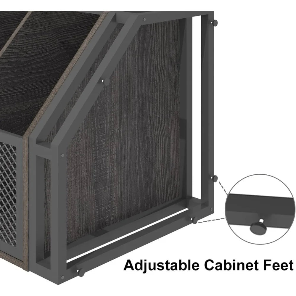 Tall Corner Bar Cabinet, Large Wood and Metal Liquor Cabinet with Wine Rack, Industrial Corner Wine Cabinet with Adjustble Shel