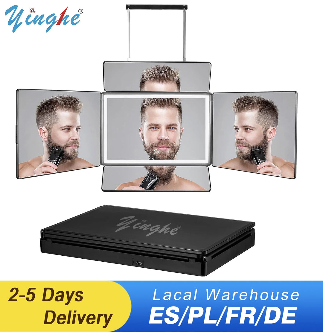 YINGHE 5 Way Mirror for Hair Cutting,Real Glass Adjustable Trifold Mirror with Light,Telescoping Hooks for Makeup and Styling