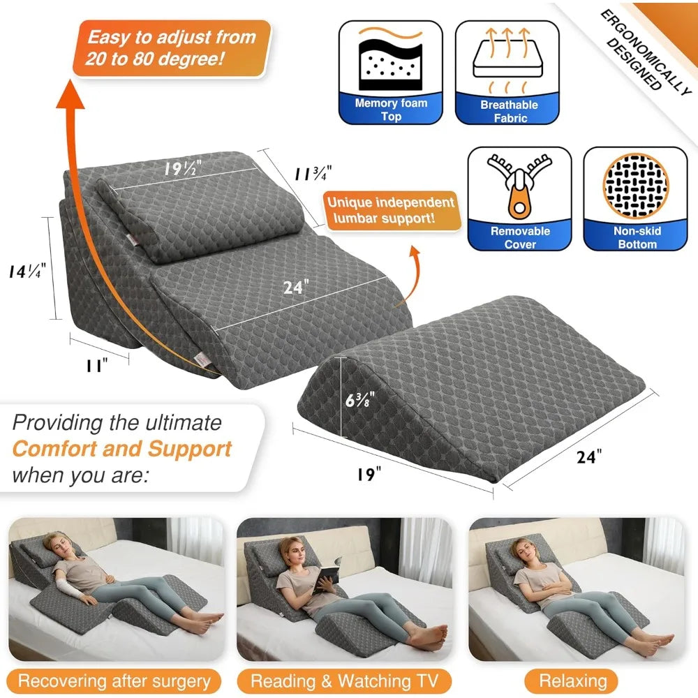 Adjustable Orthopedic Bed Wedge Pillow Set, Post Surgery Recovery, Memory Foam Wedge Pillow for Back, Knee&Leg Pain Relief- Best