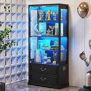 Display Cabinet with Glass Doors,67" Adjustable Display Shelf with 2 Drawers and 4 Tier Curio Cabinet,Tall Bookcase with 3 Color