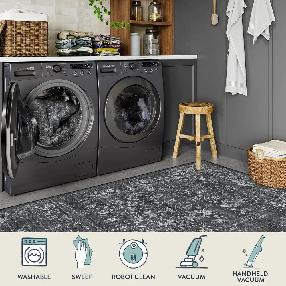 Area Rugs 9x12 Living Room Soft Large Rugs for Bedroom, Boho Black Dining Room Rug, Distressed Non Slip Low Pile Carpet for Ind