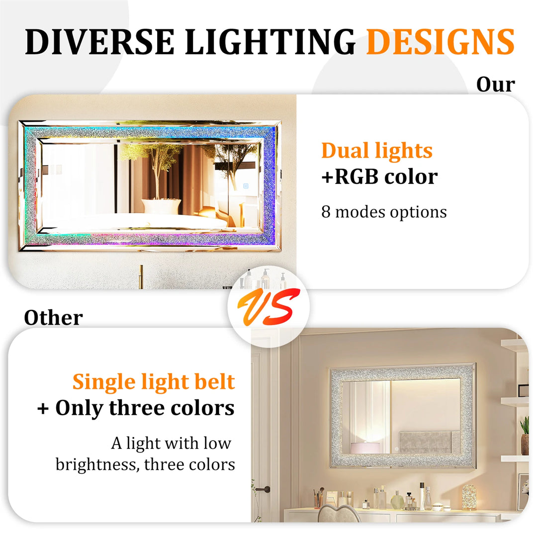 120x60cm LED Full Length Mirror with 7 Colors RGB Lights and Crushed Diamond Full Body Wall Mirror for Living Room, Bedroom