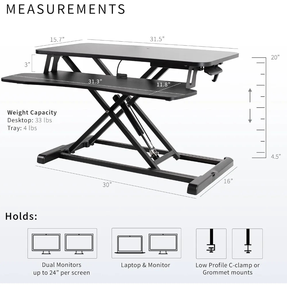 32 inch Desk Converter, K Series, Height Adjustable Sit to Stand Riser, Dual Monitor and Laptop Workstation with Wide Keyboard