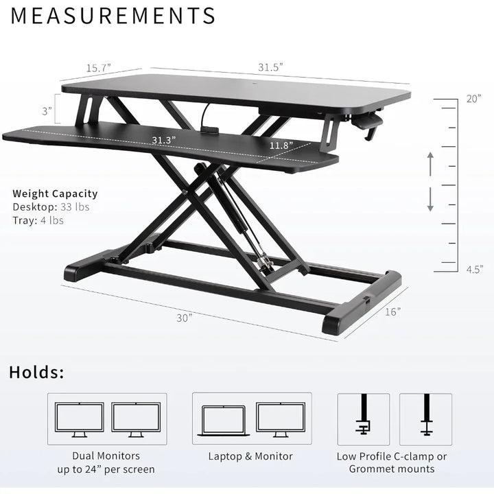 32 inch Desk Converter, K Series, Height Adjustable Sit to Stand Riser, Dual Monitor and Laptop Workstation with Wide Keyboard