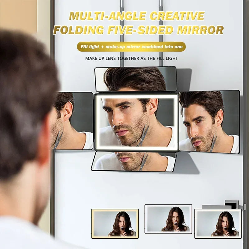 YINGHE 5 Way Mirror for Hair Cutting,Real Glass Adjustable Trifold Mirror with Light,Telescoping Hooks for Makeup and Styling