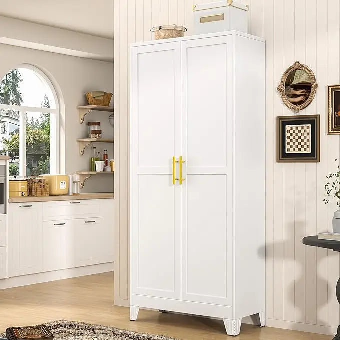 71" tall metal pantry storage cabinet with doors and 4 adjustable shelves, white kitchen food pantry cabinets, tall freestanding