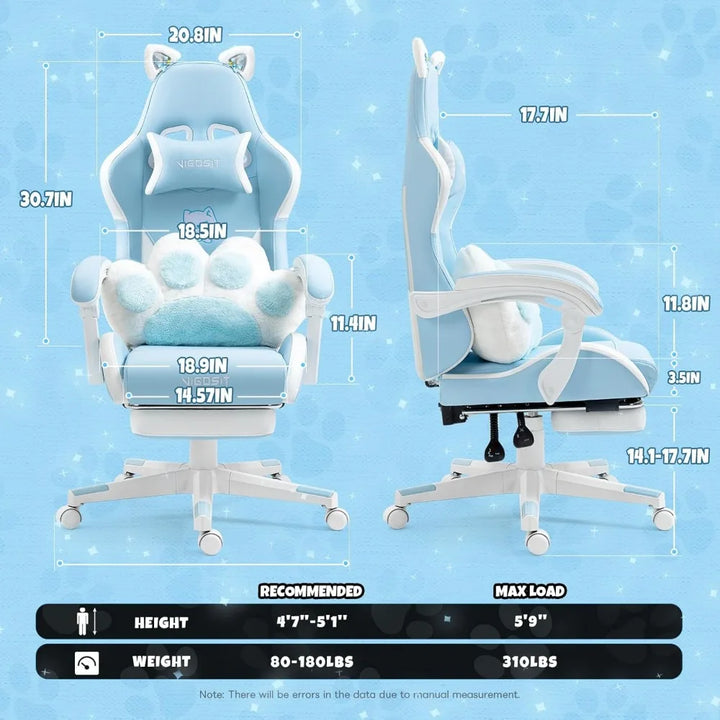 Cute Gaming Chair with Cat Paw Lumbar Cushion and Cat Ears, Ergonomic Computer Chair with Footrest, Reclining PC Game Chair for