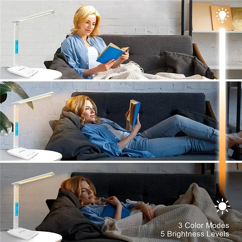 Wireless Charger Pad USB Fast Charging Station LED Desk Lamp Temperature Alarm Clock Eye Protect Study Business Light Table Lamp