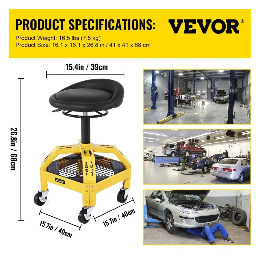 Rolling Garage Stool 300LBS Capacity Adjustable Height from 24 in to 28.7 in Mechanic Seat with 360degree Swivel Wheels and To