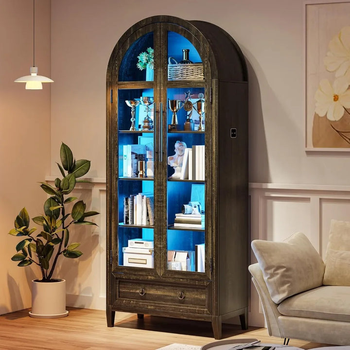 Tall Arched Display Cabinet with Lights, 71" Bookcase with Adjustable Shelves, Modern Storage Organizers with Glass Door, Kitch