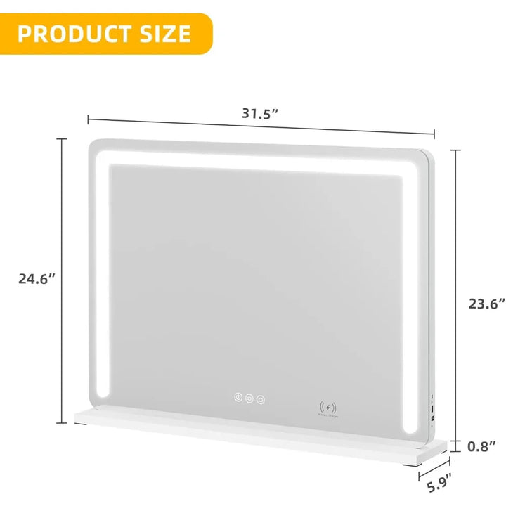 Vanity Mirror with Lights, 32" x 24" LED Large Vanity Makeup Mirror with Bluetooth Speaker, Wireless Charger, USB