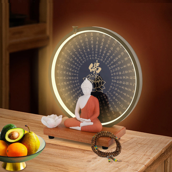 Ceramic Meditating Figurine for Home Décor with Circle LED Lamp – Decorative Sculpture