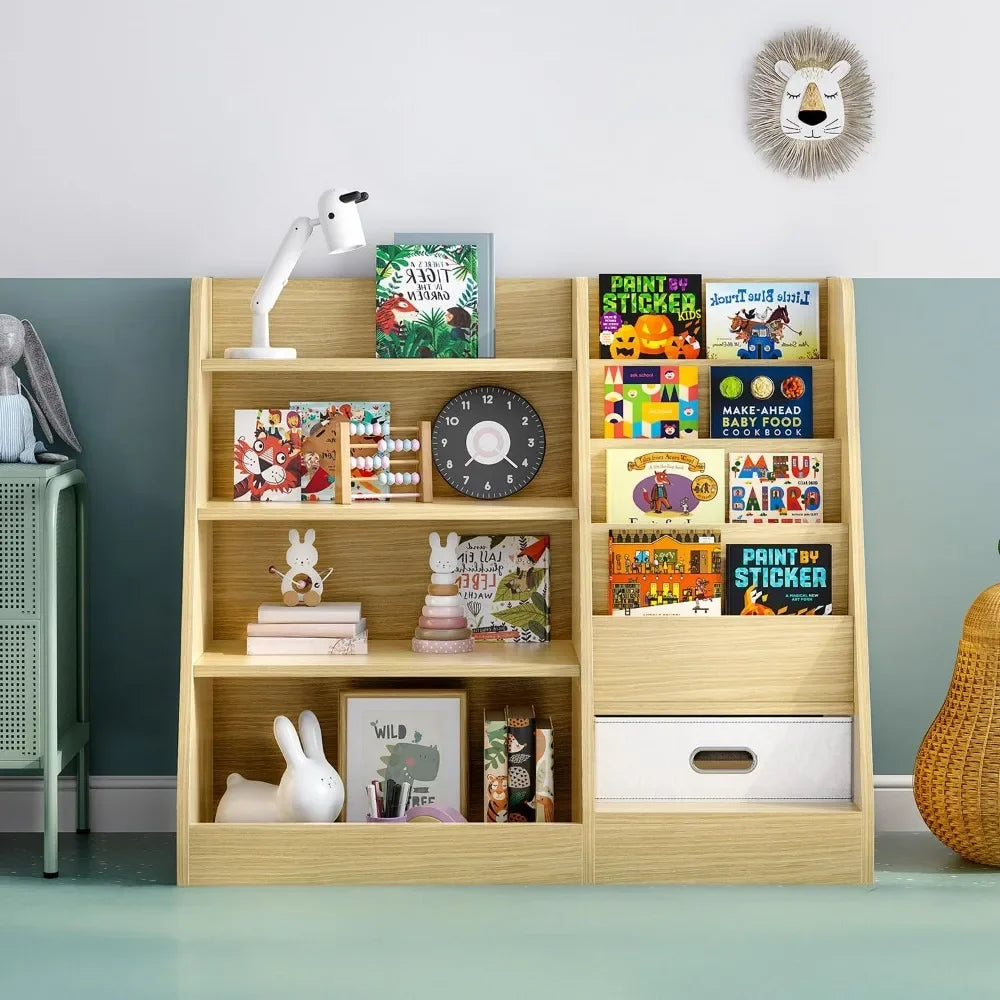 4 Tier Kids Wooden Bookshelf with Drawer, Five Layer Sling Children Bookcase, Baby Storage Book Rack, Book and Toy Orga