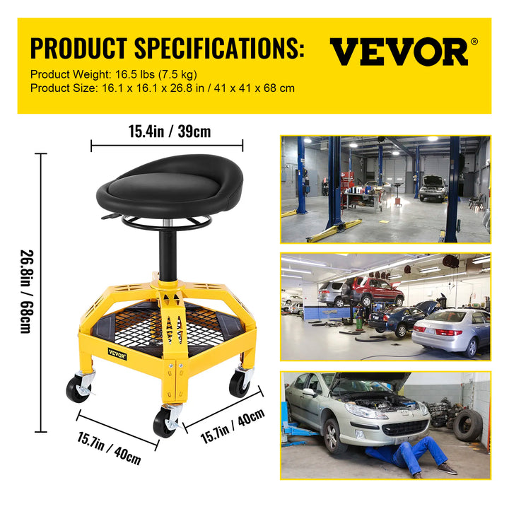 SucceBuy Rolling Garage Stool Car Detailing Stool Adjustable Height Mechanic Seat With Tool Tray Workshop Auto Repair Shop Stool