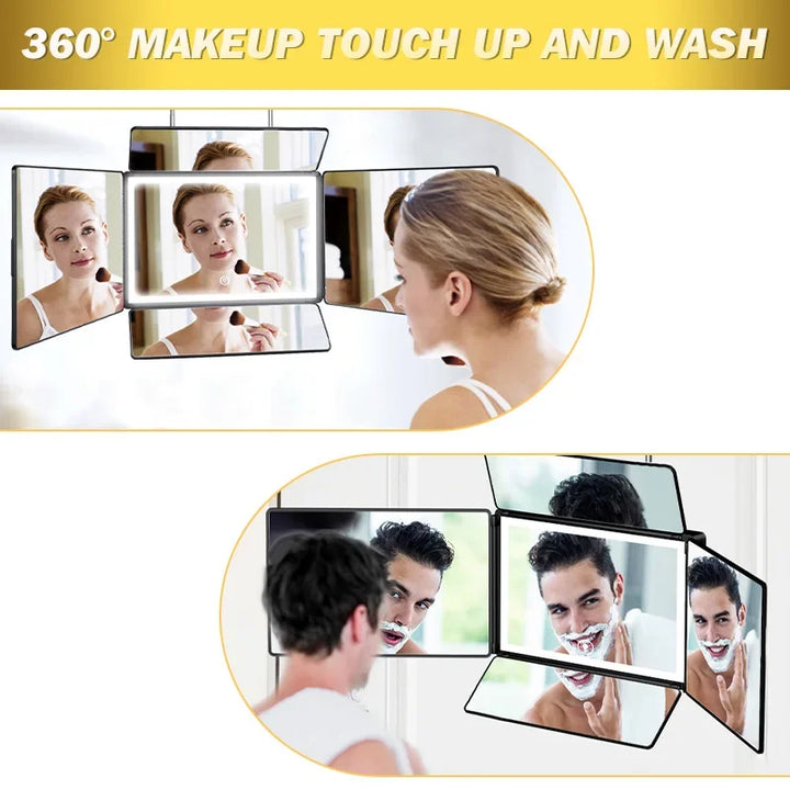 YINGHE 5 Way Mirror for Hair Cutting,Real Glass Adjustable Trifold Mirror with Light,Telescoping Hooks for Makeup and Styling