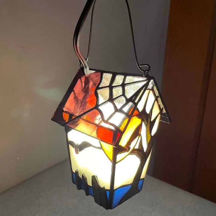 L10938 Spooky Graveyard Tiffany Style Stained Glass Birdhouse Table Lamp for Halloween Decor (21-inch High, Bat Nest)