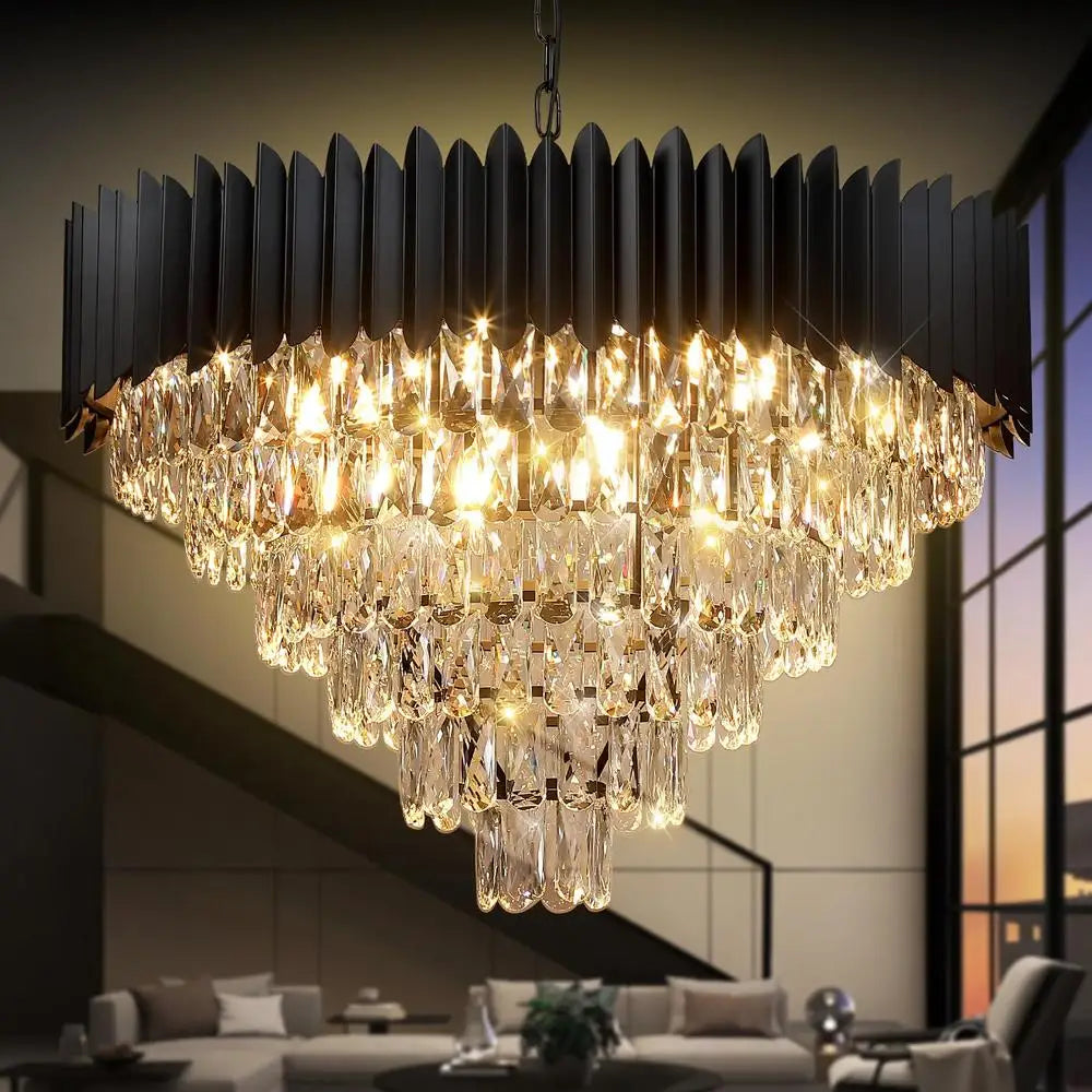 Modern Luxury Black Crystal Chandelier 30" 16-Light Round Fixture High Ceiling Pendant Foyer Living Room Dining Kitchen Hotel