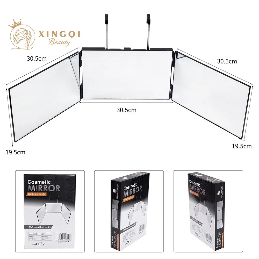 Rectangle trifold vanity mirror led lighted adjustable hair cutting  3 way salon hairstyling mirror for self hair cutting 360