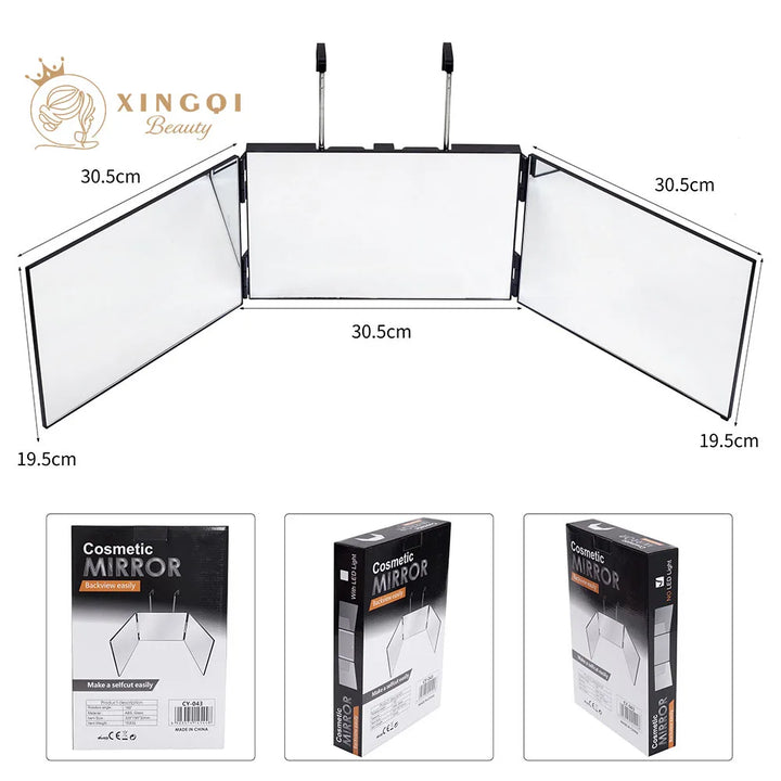 Rectangle trifold vanity mirror led lighted adjustable hair cutting  3 way salon hairstyling mirror for self hair cutting 360