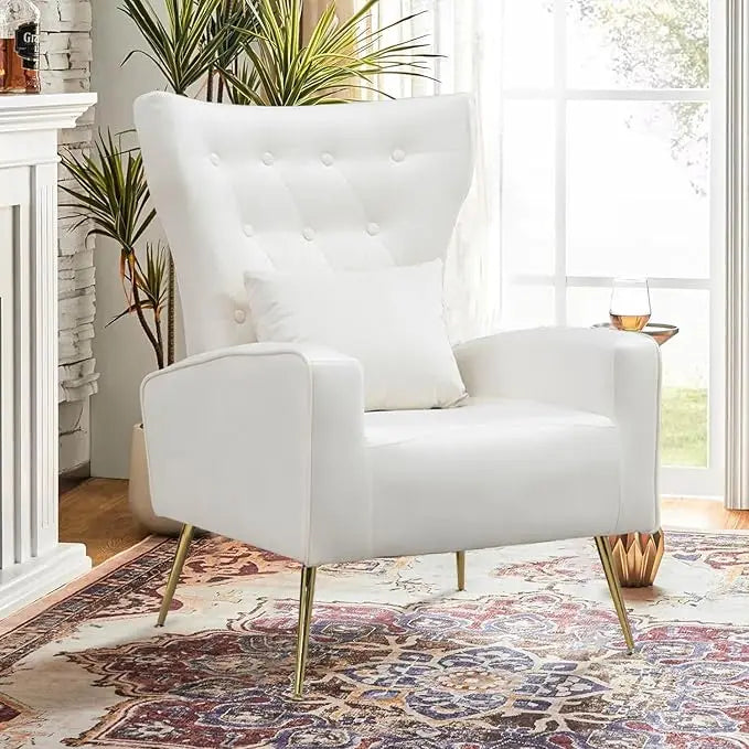 Velvet Accent Arm Chair, Mid-Century Modern Living Room Chair, Wingback Bedroom Side Chair with Gold Legs & Pillow, Button-Tufte