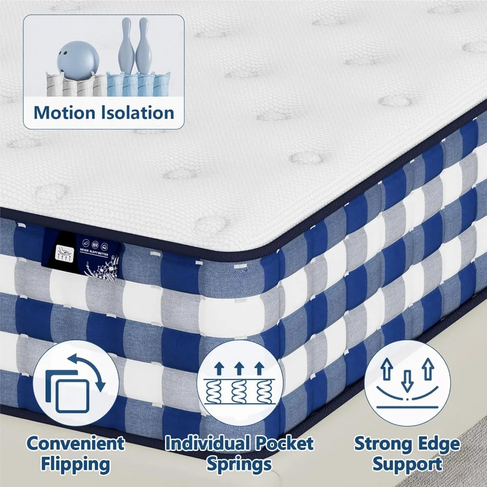 King Size Mattress, Gel Memory Foam Hybrid Mattress in a Box, Independent Pocket Coils for Motion Isolation,