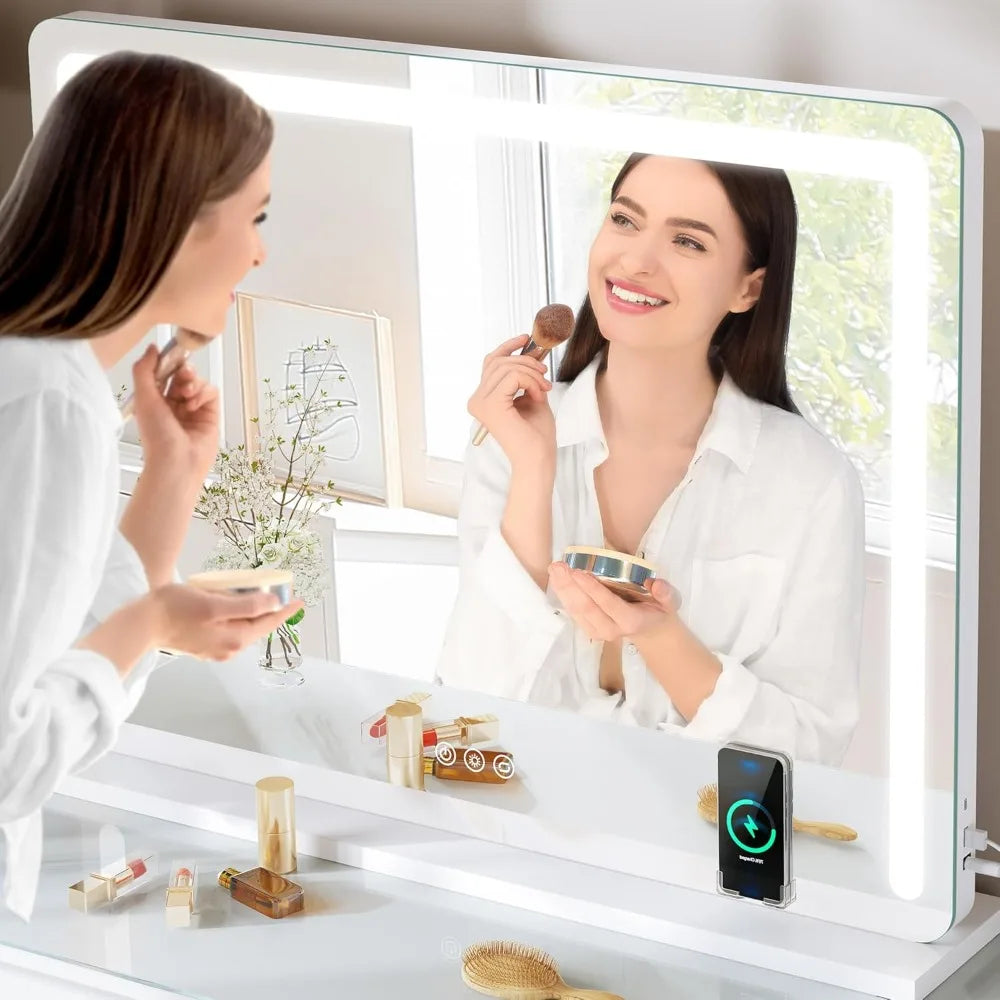 Vanity Mirror with Lights, 32" x 24" LED Large Vanity Makeup Mirror with Bluetooth Speaker, Wireless Charger, USB