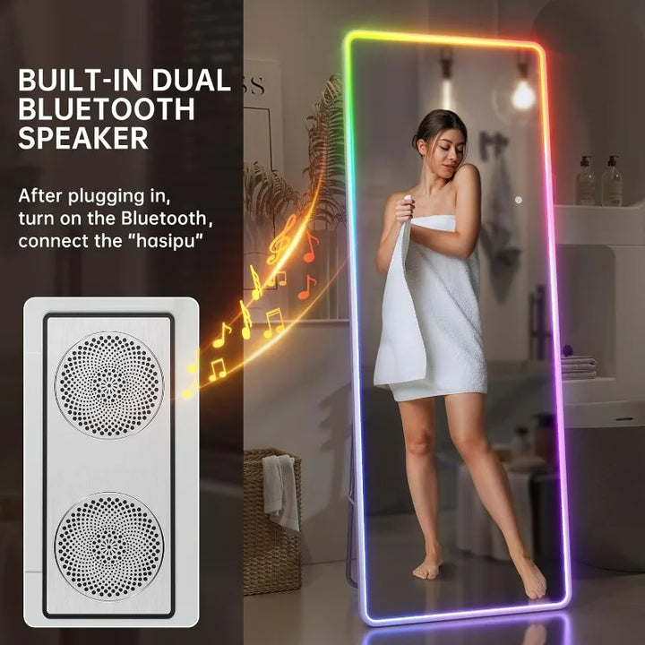 73"x28" LED Full Length Mirror with Stand, Full Body Mirror with Bluetooth Speaker, Light up Floor Mirror, Wall Mirror Fu