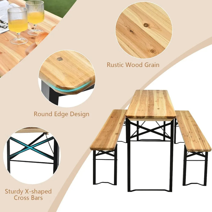 Foldable Picnic Table with Benches, 3-Piece 70” Portable Beer Garden Table with Sturdy Steel Frame, Folding Wooden Picnic