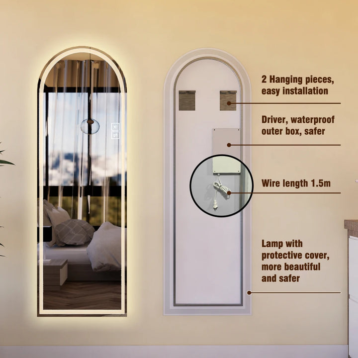65" x 21" Arch Design LED Full Length Mirror ,Dimmable,  High Definition & Explosion-Proof, Full-Length Standing or Wall