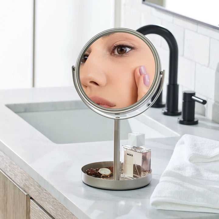 Satin Nickel Dual Sided Vanity Mirror 360 Degree Swivel Durable Metal Freestanding Magnifying Bathroom Makeup Cosmetic Makeup