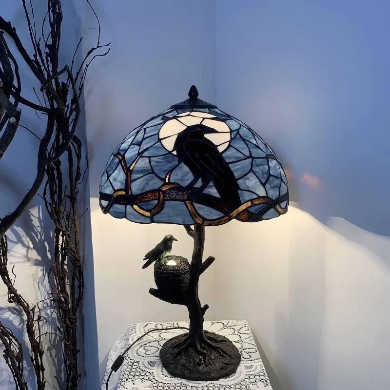 L10968 Raven Sitting on Bare Tree Branch in Full Moon Night Tiffany Style Stained Glass Table Lamp for Home Decor (Dark Bl