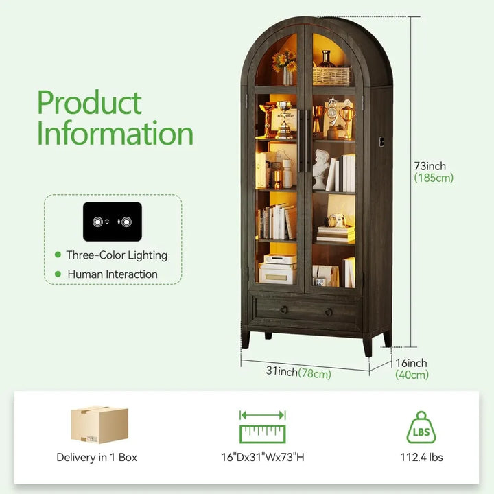 Tall Arched Display Cabinet with Lights, 71" Bookcase with Adjustable Shelves, Modern Storage Organizers with Glass Door, Kitch