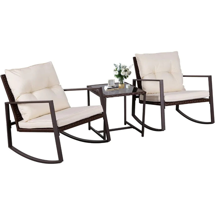 SUNCROWN 3-Piece Patio Bistro Set Outdoor Rocking Chairs Set Brown Wicker Porch Chairs with Glass Coffee Table, Beige Cushion